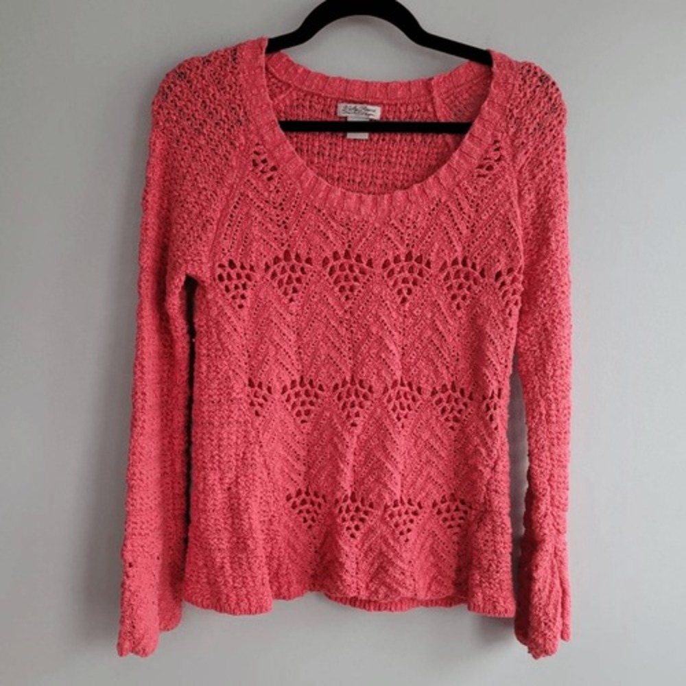 Vintage y2k peach‎ pink open knit flared sleeved sweater scoop neck boho